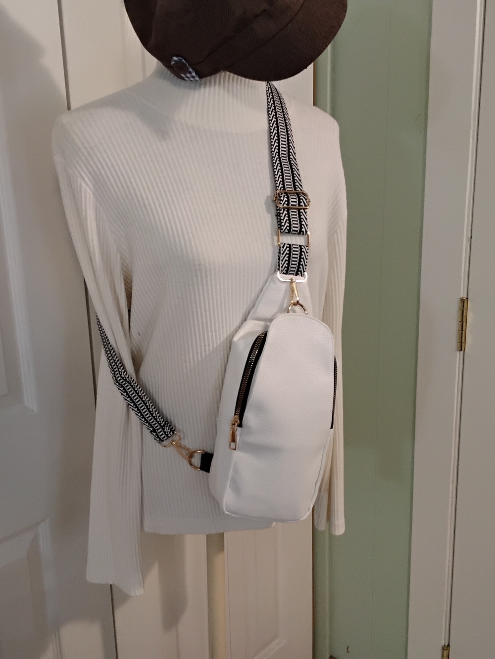 4004 White Leatherette Crossbody Sling Backpack with Patterned Strap - Picture 1 of 7